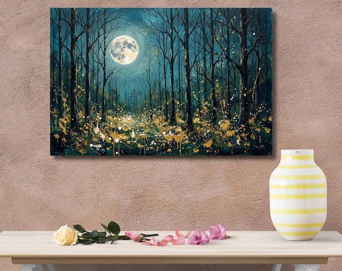 Dark Forest Moon Stars Canvas Print, Mystical Celestial Night Sky Bedroom Poster