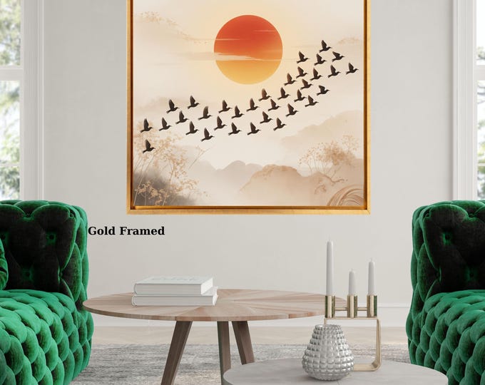 Sage Moon Japandi Canvas Art, Flock of Birds Framed Print, Oriental Wall Decor