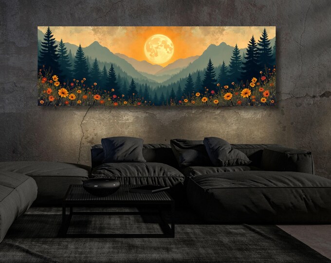 Night Moody Wild Flowers Canvas, Framed Canvas Print, Above Bed Art, Dark Floral Paintingt,Boho Minimal Panoramic Thought Provoking Wall Art