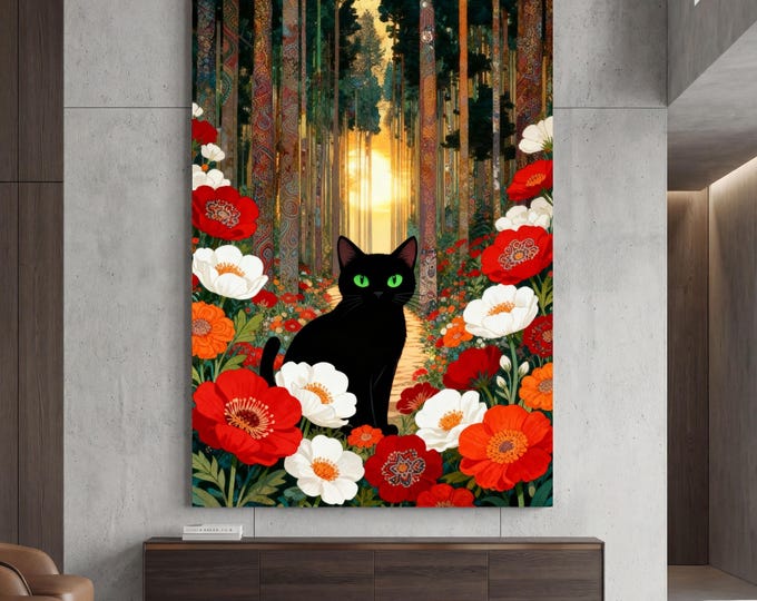 Klimt Style Cat Canvas Wall Art – Golden Art Nouveau Animal Decor Print