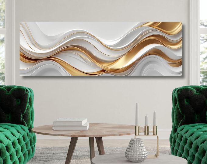 Panoramic Abstract Canvas Art, White Gold Swirls, Luxury Contemporary Decor