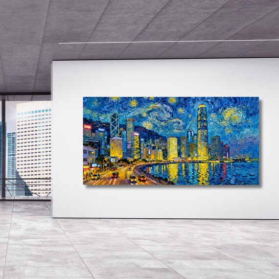 Hong Kong at Night in the Style of Van Gogh – Starry Night Inspired Canvas Wall Art Ready to Hang/ poster City Night Wall Art