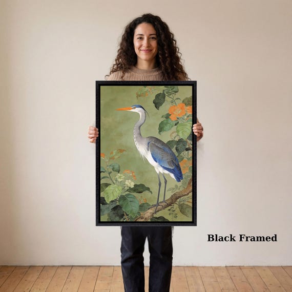 Stately Heron Botanical Canvas Print, William Morris Inspired Wildlife Art, Modern Farmhouse Bird Wall Decor, Premium Framed Nature Art