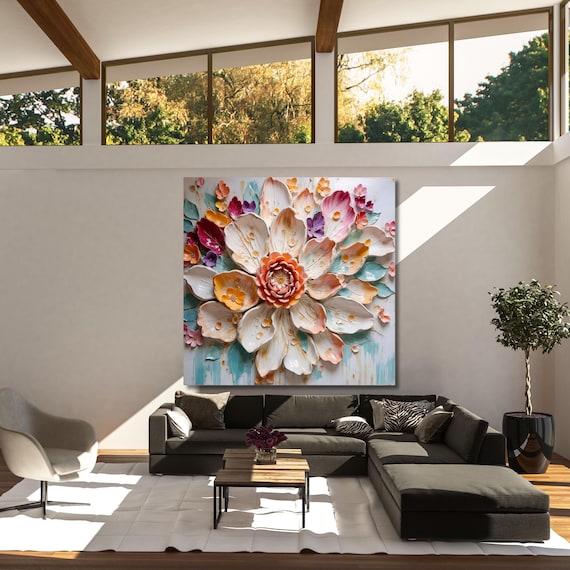 Colorful Floral Canvas Wall Art,Abstract 3d Flower Art Boho Wall Décor,Custom Painting, Living room Wall Decor  Floral Large canvas wall art