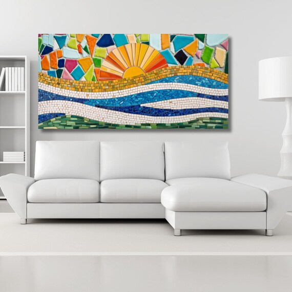 Long Sunshine Canvas, Bedroom Wall Art, Sunrise Mosaic Wall Art Above Panoramic Sun Wall Art Christmas Gift Artwork Sunset Canvas Wall Art
