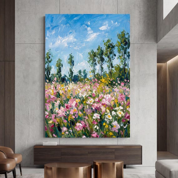 Klimt style Botanical Landscape, Horizontal Large Framed Canvas Art, Oversize Nature Print with Elegant Wood Frames, Modern Wall Hangings