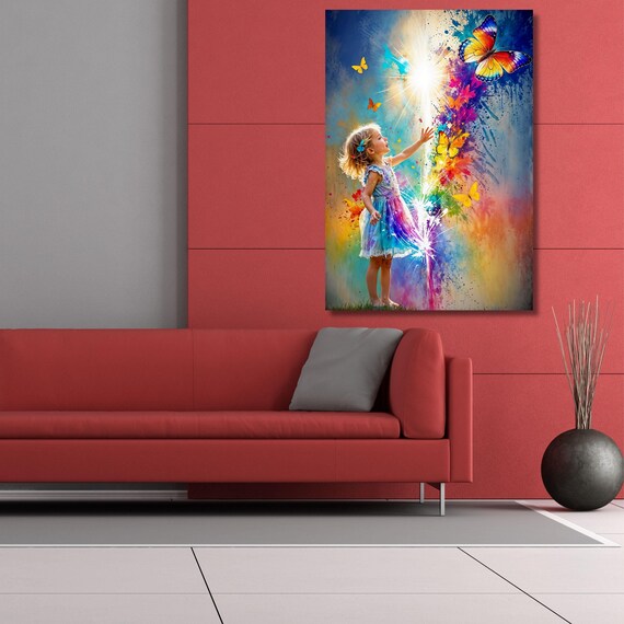 Colorful Butterfly Girl Canvas Art: Banksy Graffiti Style