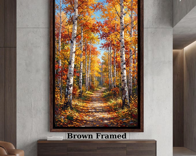 Autumn Forest Path Birch Trees Landscape Print Sunlit Woods Colorful Nature Living Room Decor