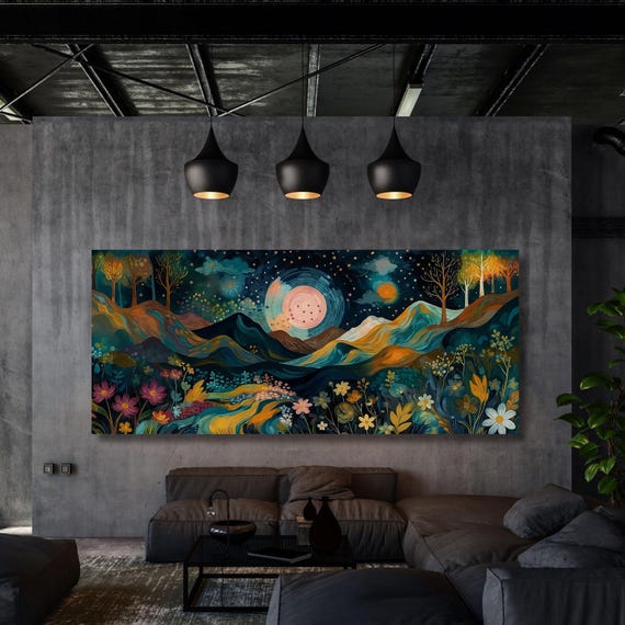 Dreamy Night Mountain Landscape Canvas Print, Mystical Moon and Flower Field Art, Large Panoramic Nature Print, Whimsical Night Scenery