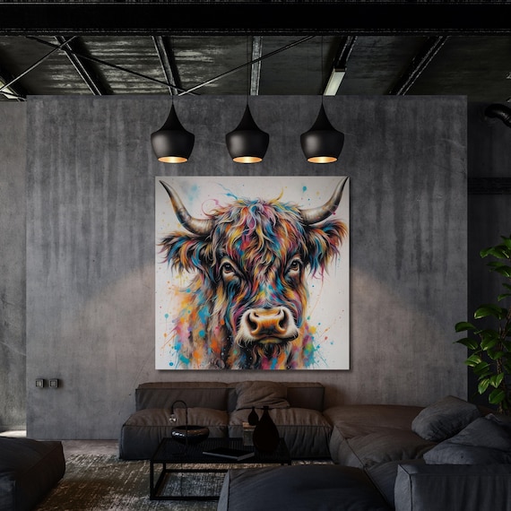 Colourful Highland Cow Canvas Wall Art, Colourful Scottish Cow  Wall Décor Custom Painting, Living room Ready to Hang Large canvas wall art