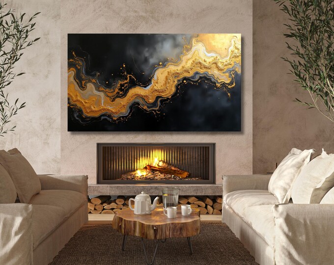 Abstract Marble Canvas Art, Black Gold Contemporary Wall Decor (Canvas Poster)