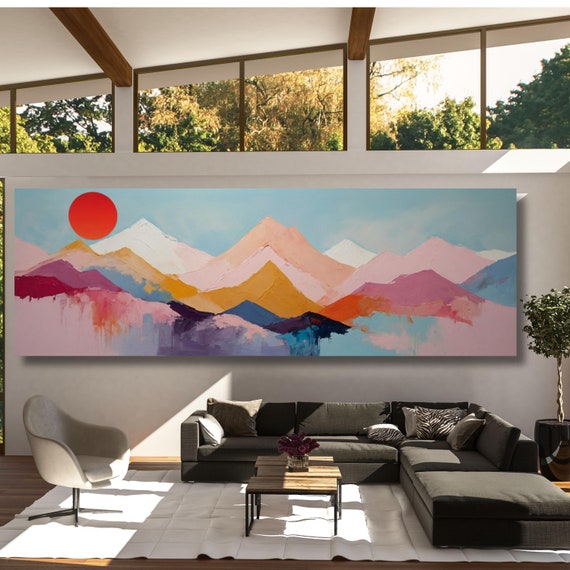 Panoramic abstract sea scape Canvas Art Famous Art,Large Wall Art, Minimalist Canvas Art, Sea Sun Wall art Waves Line Art Beach House Decor