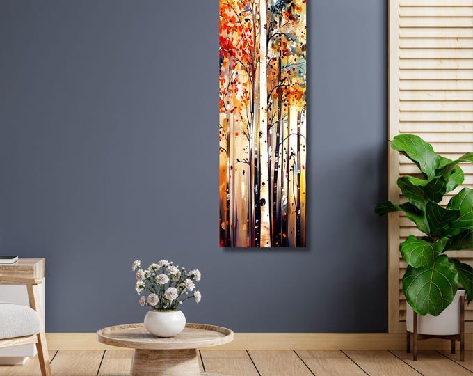 Tall Vertical Birch Tree Canvas Art, Modern Forest Wall Decor, hallway Art