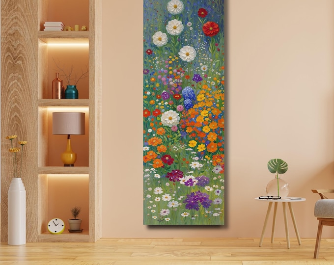 Klimt Style Wildflower Garden Canvas Print, Tall Narrow Botanical Wall Art