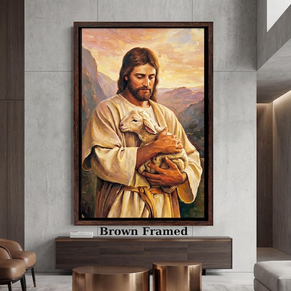 Jesus Good Shepherd Canvas Print,Christ Lamb Wall Art,Religious Home Decor,Christian Portrait Painting,Spiritual Gift,Church Wall Art