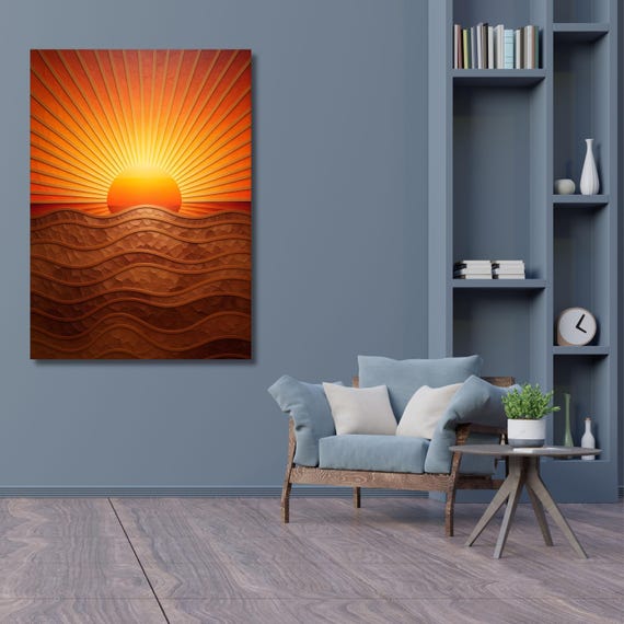 Boho sunset Digital Download,Burn orange poster, Retro brown wall art, Abstract sun and sea print, decor, Gift for retro girl Autumn art