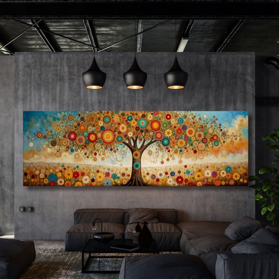 Panoramic Tree of life Gustav Klimt style Canvas Wall Art Celtic Tree Canvas Print Modern Picture Living Room art Yggdrasil canvas Mandala