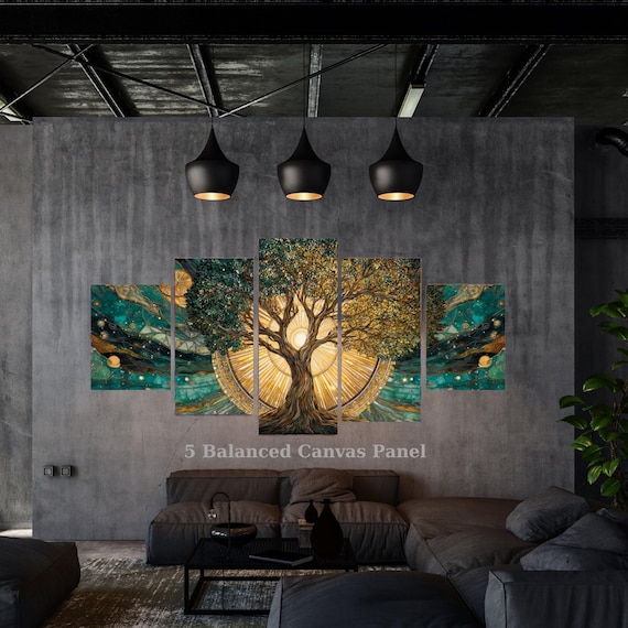 5 Piece Tree of Life Canvas Wall Art, Klimt Style Abstract Golden Tree, Multi Panel Framed Ready to Hang Decor, Luxury Housewarming Gift