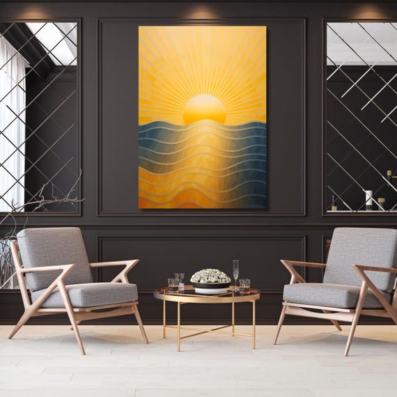 Boho Sunset Canvas Art: Retro Sun & Sea Print