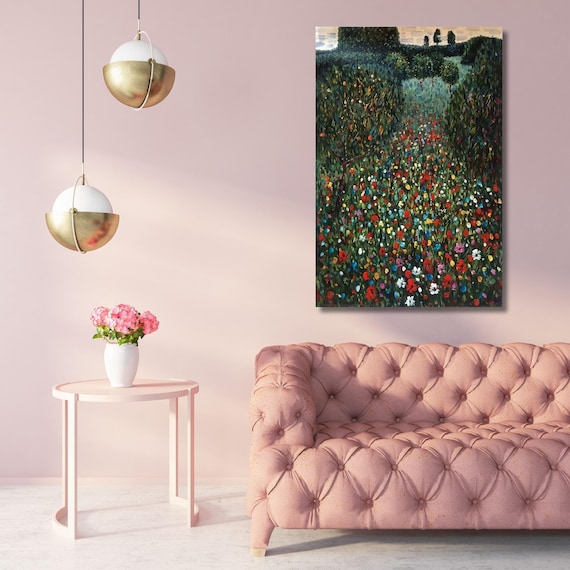 Poppy Fields by Gustav Klimt, Framed Canvas Landscape Wildflower Wall Art Print, Frame Large Wall Art,Vintage Art,Green Art, Gift,Wall Decor