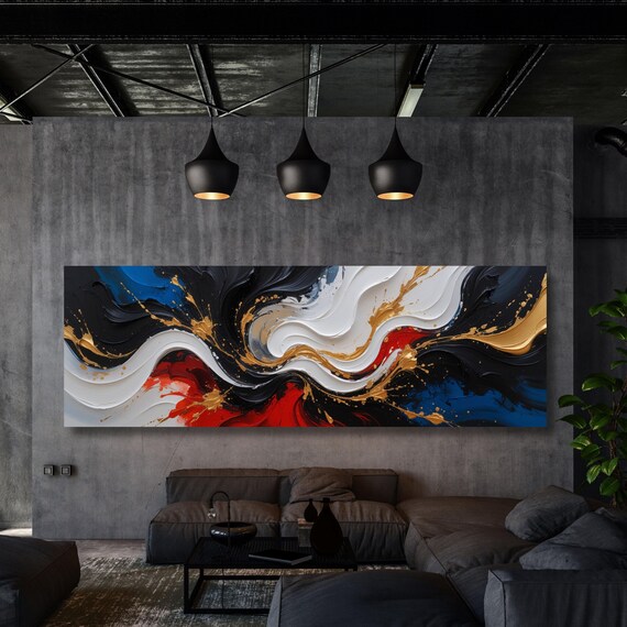 Panoramic Abstract Canvas Wall art, White Yellow blue Marble Canvas, Luxury Art, Abstract Decor, Abstract wall art Canvas, Contemporary Art