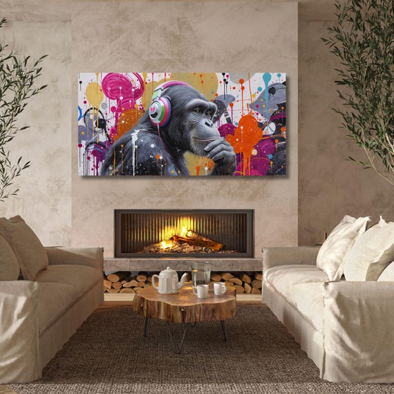 Banksy DJ Monkey Canvas Wall Art Banksy Thinking Monkey Music Thinker Graffiti Wall Art Extra Large Wall Art Gorilla Chimp Ready to Hang