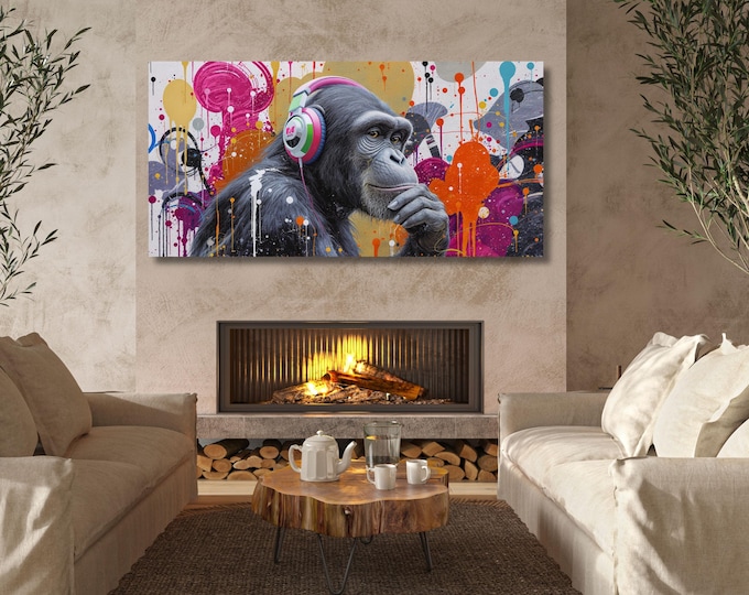Banksy DJ Monkey Canvas Wall Art Banksy Thinking Monkey Music Thinker Graffiti Wall Art Extra Large Wall Art Gorilla Chimp Ready to Hang