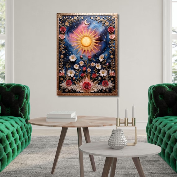 Sun Moon Stars Canvas Wall Art Mystical Boho Magical Fantasy Nature Wall Art, Abstract Gaia Ready to Hang Gaia Wall Art Canvas art Astrology