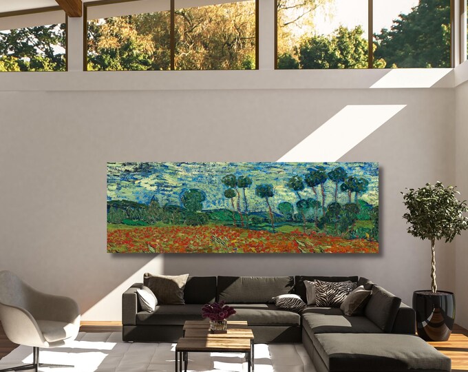 Panoramic Vincent Van Gogh field with poppie Canvas Wall Art,Green Art,Vintage Art,Minimalist Art Gogh Reproduction Print Art,Christmas Gift
