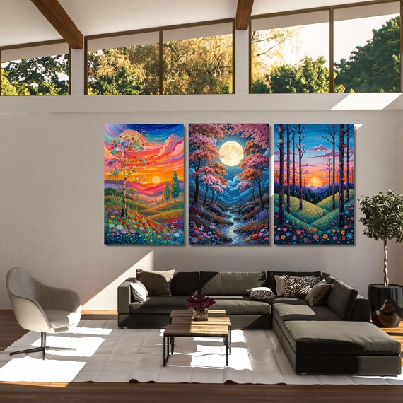Set of 3 Gustav Klimt Style Night Moon & Sun Canvas, Golden Stars Wall Art, Modern Gold Flowers Night Sky Print, Celestial Bedroom Decor Art
