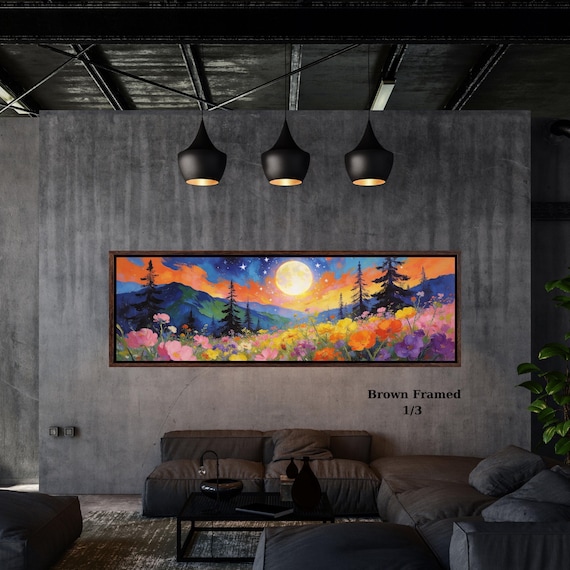 Panoramic Sun Landscape Canvas Wall Art, Framed Canvas Japanese Style Mid Century Exhibition Japandi Print,  Large Modern Living Room Decor