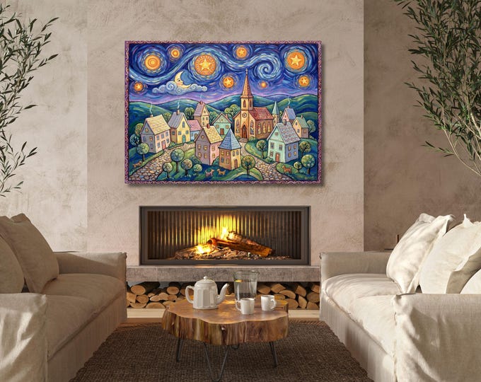 Gustav Klimt Village Night Canvas - Starry Moonlight Wall Decor