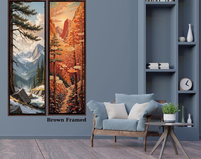 Set of 2 Tall Narrow Vintage Nature Canvas Wall Art  Long Vertical Forest Dining Room, Living Room, Office Print Long and Narrow Wall Art