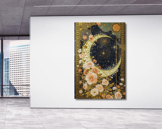 Floral Crescent Moon Dark Canvas Wall Art Cottagecore William Morris Print, Lunar Decor Gift art, Whimsigoth Decor, Botanical Print Canvas
