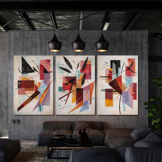 Wassily Kandinsky Style Abstract Triptych, 3 Piece Geometric Canvas Wall Art, Bauhaus Inspired Decor, Dynamic Abstract Painting Set