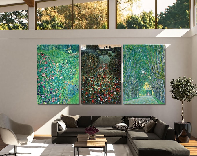 Gustav Klimt Landscape Wildflower Canvas Wall Art, Poppy Fields Print, Green Art