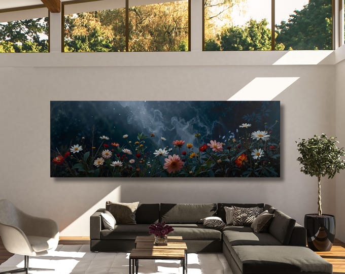 Panoramic Wildflower Canvas Art, Gustav Klimt Inspired, Large Wall Decor (Canvas Poster)