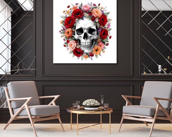 Skull Wall Art: Watercolor Floral Design - Boho Gothic Style