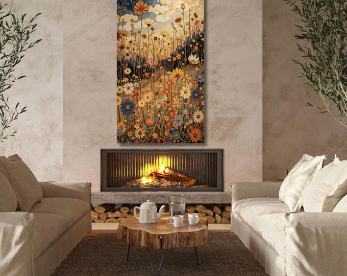 Wildflower Canvas Wall Art: Moonlit Forest Painting, Vintage Style