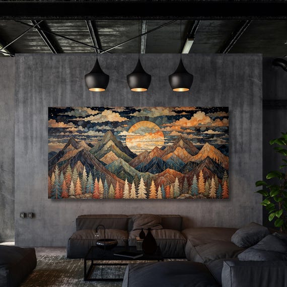 Full Moon Wildflower Canvas, Flower Garden Flower Market canvas, Moonlit Pine Tree Forest wall Art, Rustic Mountain Art, Woodland Klimt Gift