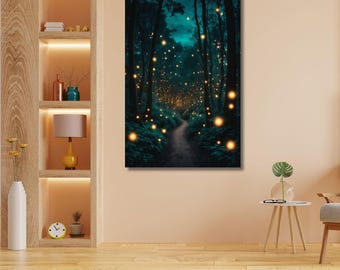 Twilight Forest Canvas Art, Enchanted Firefly Path Print