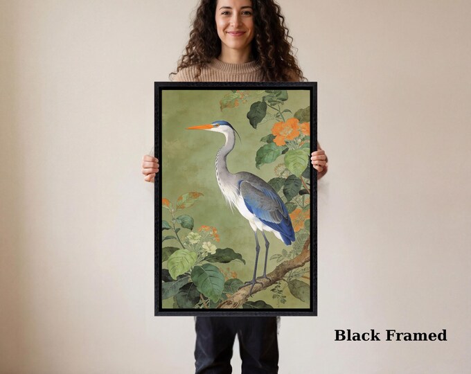 Stately Heron Botanical Canvas Print, William Morris Inspired Wildlife Art, Modern Farmhouse Bird Wall Decor, Premium Framed Nature Art