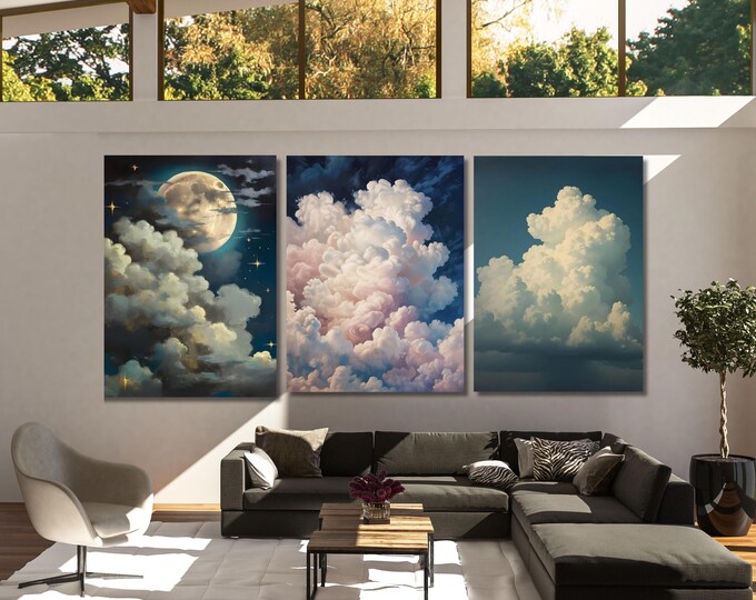 Set of 3 Dreamy Clouds Prints, Minimalist Japandi Wall Art (Digital Download)