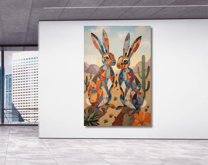Talavera Jackrabbits Desert Canvas Print Farmhouse Wall Art Eclectic Boho Decor Retro Texas Nature Artwork Vintage Animal Wall Accent Art