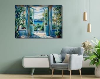 Leinwandbild im Stil von Matisse mit offenem Fenster und Küstenblick