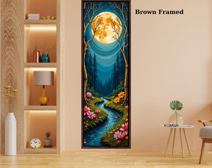 Gustav Klimt Style Magical Forest Canvas Wall Art with Full Moon Sky and River Dreamy Nature Print for Bedroom or Living Room Wall Decor