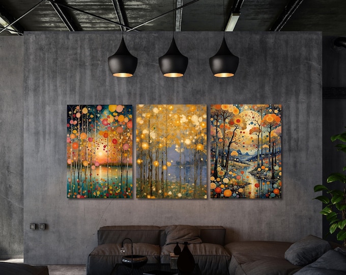 Gustav Klimt Night Canvas Art: Moon, Stars & Gold Flowers