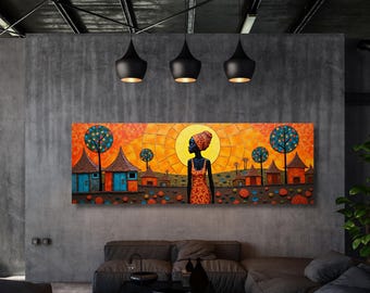 Panoramic African Village Scene Canvas Wall Art, Afrocentric Cultural Decor