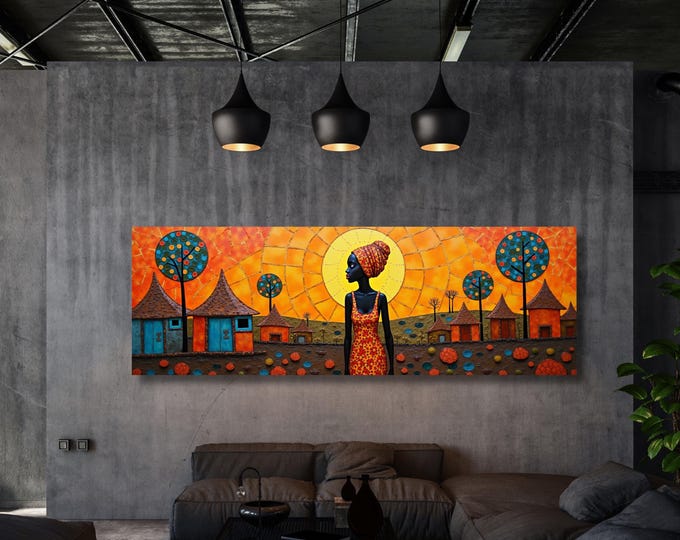 Panoramic African Village Scene Canvas Wall Art, Afrocentric Cultural Decor