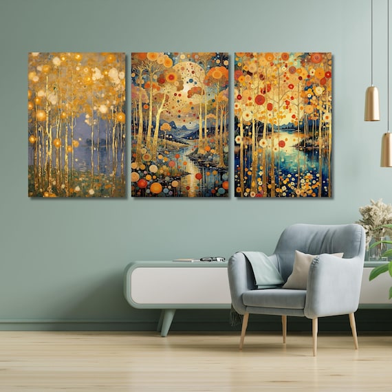 Set of 3 Gustav Klimt style Gold Night Canvas Wall Art Moon Stars Canvas Wall Art Modern Living Room Flowers Night Sky